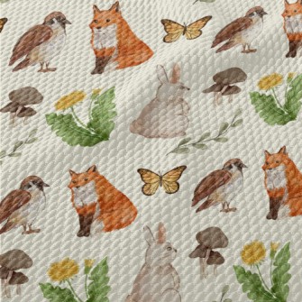 Watercolor Rabbit, Fox And Bir Birdseye Piqué