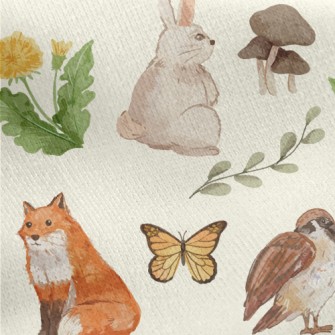 Watercolor Rabbit, Fox And Bir Jersey Backed Fleece