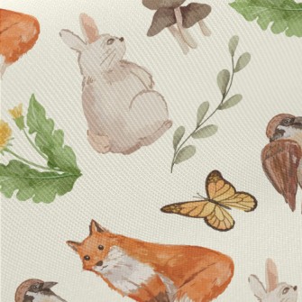 Watercolor Rabbit, Fox And Bir Midweight Cotton Poplin