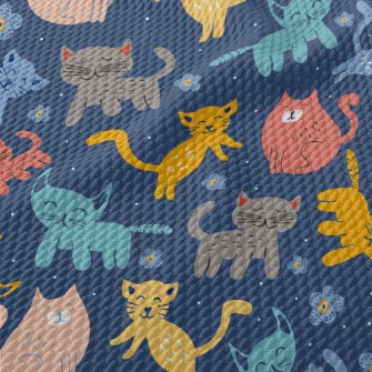 Colorful Cute Cats And Flowers Birdseye Piqué
