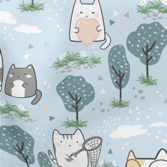 Cute Cat Goes For A Walk Lightweight Cotton Poplin