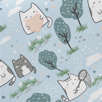 Cute Cat Goes For A Walk Midweight Cotton Poplin