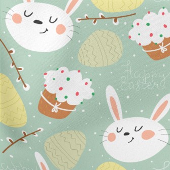Cartoon Rabbit And Easter Eggs Lightweight Cotton Poplin