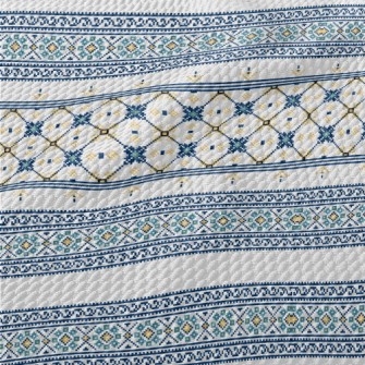 Blue Ethnic Decorative Pattern Birdseye Piqué