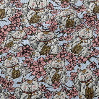 Cherry Blossoms And Lucky Cat Birdseye Piqué