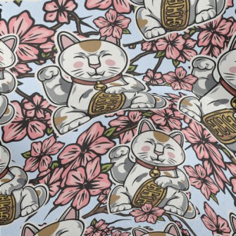 Cherry Blossoms And Lucky Cat Lightweight Performance Linen