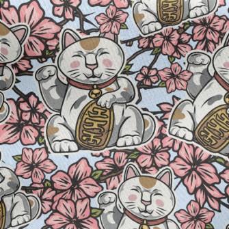 Cherry Blossoms And Lucky Cat Jersey Backed Fleece