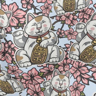 Cherry Blossoms And Lucky Cat Lightweight Cotton Poplin