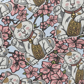 Cherry Blossoms And Lucky Cat Midweight Cotton Poplin