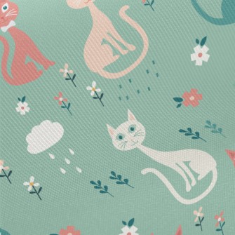 Colorful Cats And Flowers Twill