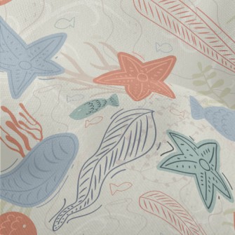 Hand Drawn Coral Starfish Fish Lightweight Performance Linen
