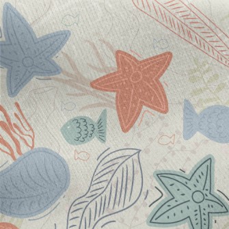Hand Drawn Coral Starfish Fish Jersey Backed Fleece