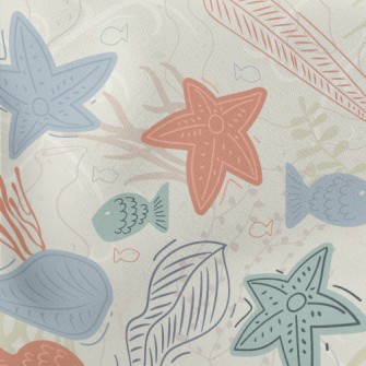 Hand Drawn Coral Starfish Fish Lightweight Cotton Poplin
