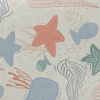 Hand Drawn Coral Starfish Fish Midweight Cotton Poplin