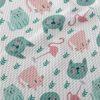 Colorful Cats And Flamingoes Birdseye Piqué