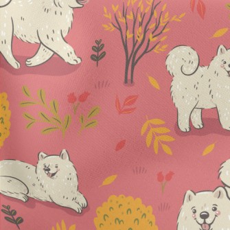 White Samoyed Dog In Autumn Ja Lightweight Cotton Poplin