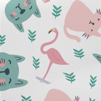 Colorful Cats And Flamingoes Midweight Cotton Poplin