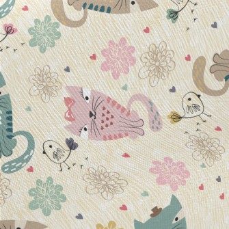 Colorful Cat And Line Bird Twill