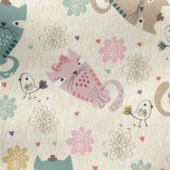 Colorful Cat And Line Bird Jersey Backed Fleece