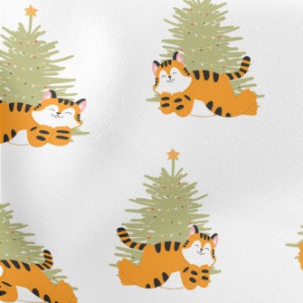 Chubby Tiger And Christmas Tre Lightweight Cotton Poplin