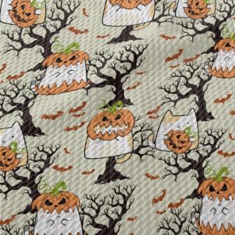 Pumpkin Cat And Tree Bat Birdseye Piqué