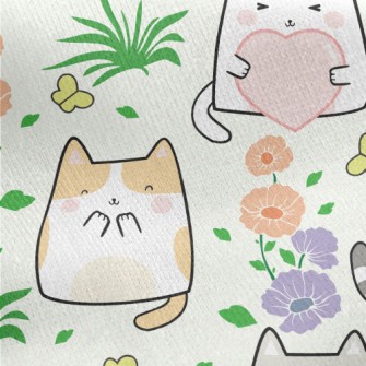 Cute Cat In The Flower Garden Jersey Backed Fleece