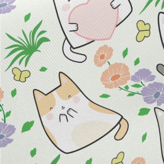 Cute Cat In The Flower Garden Midweight Cotton Poplin
