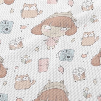 Cat And Girl Go On A Trip Birdseye Piqué