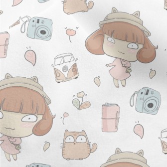 Cat And Girl Go On A Trip Micro Fleece