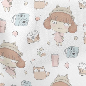 Cat And Girl Go On A Trip Lightweight Cotton Poplin