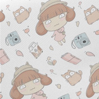 Cat And Girl Go On A Trip Midweight Cotton Poplin