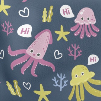 Hello Squid Jellyfish Fish Lightweight Cotton Poplin