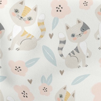 Gentle Cat And Little Flower Lightweight Cotton Poplin