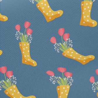 Dots Of Rain Boots Flowers Twill