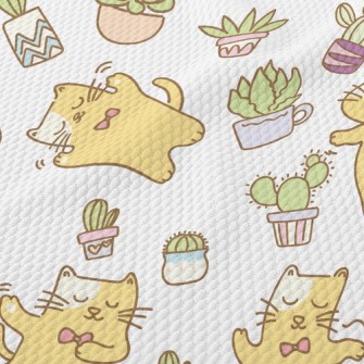 Dancing Cat And Potted Plant Birdseye Piqué