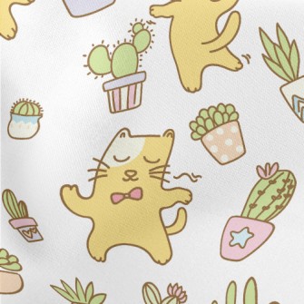 Dancing Cat And Potted Plant Lightweight Cotton Poplin