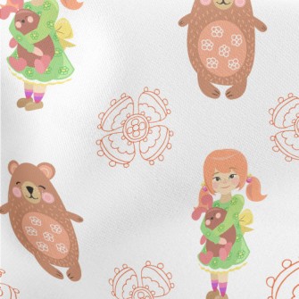 Little Girl Doll And Big Bear Lightweight Cotton Poplin