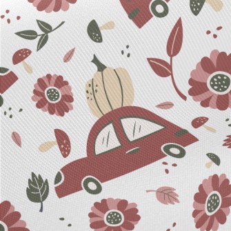 Hand Drawn Car With Pumpkin Midweight Cotton Poplin