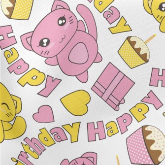 Happy Birthday Kitten Lightweight Cotton Poplin