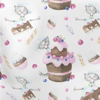Hand Drawn Plum Cake And Cat Lightweight Cotton Poplin