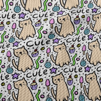 Hand Drawn Cat And Cake Birdseye Piqué