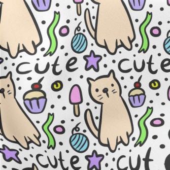 Hand Drawn Cat And Cake Stretch Ponte