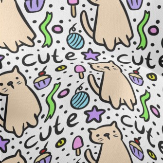 Hand Drawn Cat And Cake Lightweight Performance Linen