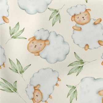 Watercolor Sheep And Green Lea Lightweight Cotton Poplin