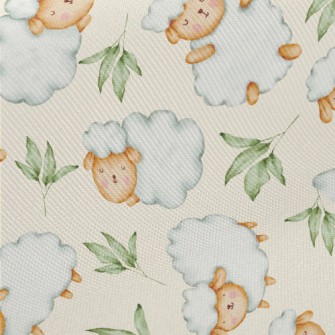 Watercolor Sheep And Green Lea Midweight Cotton Poplin