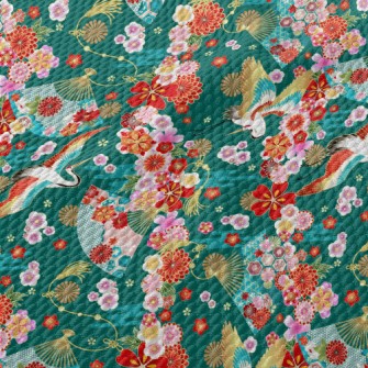 Japanese Flowers White Crane Birdseye Piqué