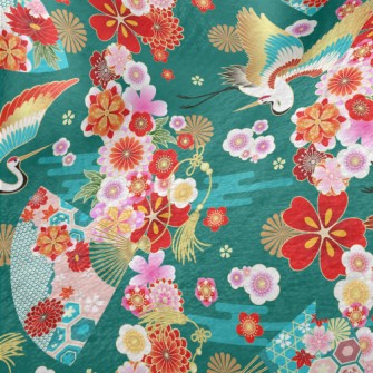 Japanese Flowers White Crane Minky