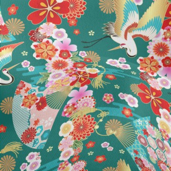 Japanese Flowers White Crane Lightweight Performance Linen