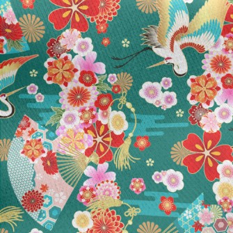 Japanese Flowers White Crane Jersey Backed Fleece