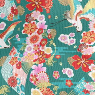 Japanese Flowers White Crane Stretch Jersey